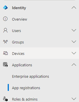 Menu showing selection of App registrations under Applications.