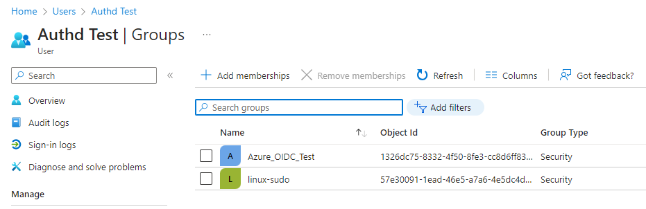 Azure portal interface showing the Azure groups.