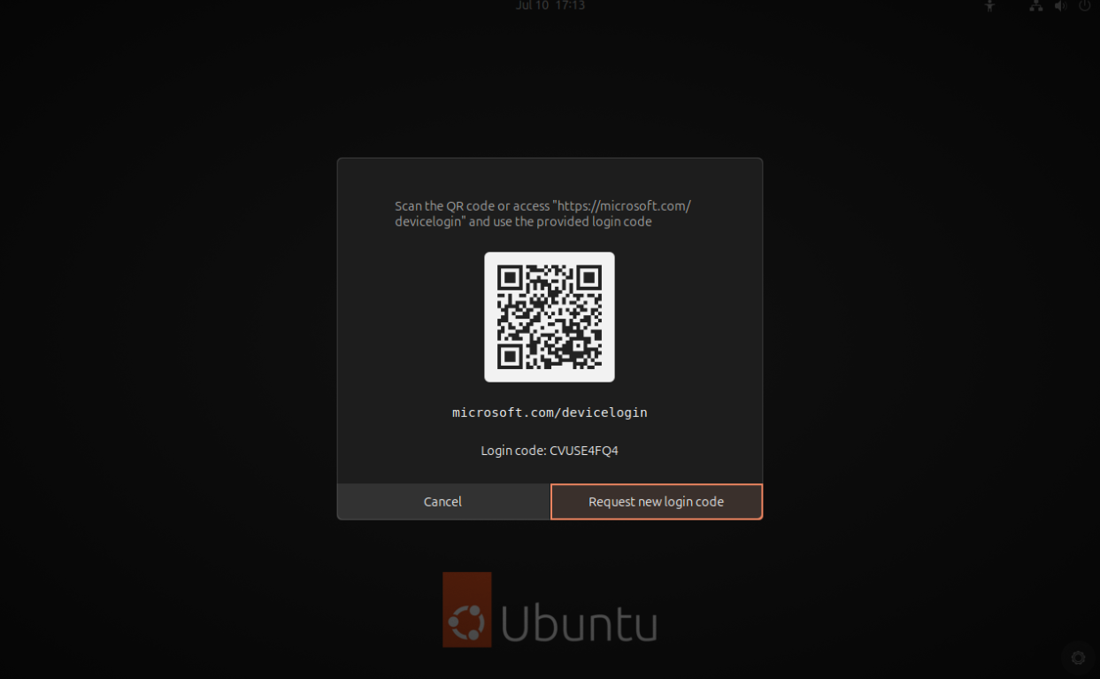 Display of QR code, login code and button to Request new login code.