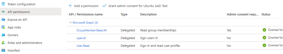 Configuration screen for Microsoft Graph permissions.