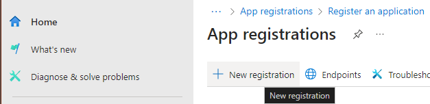 User interface showing selection of New registration in App registrations.