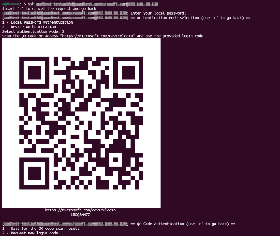 Terminal interface showing option to authentice by login code or QR scan when user tries to ssh into server